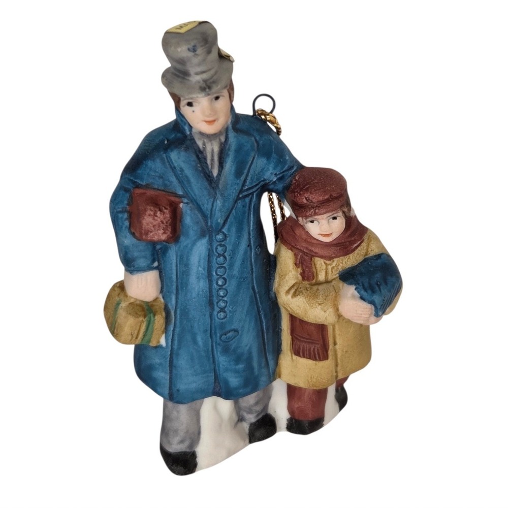 Vintage Dickens Family  Father and Child Porcelain Christmas Ornament Taiwan